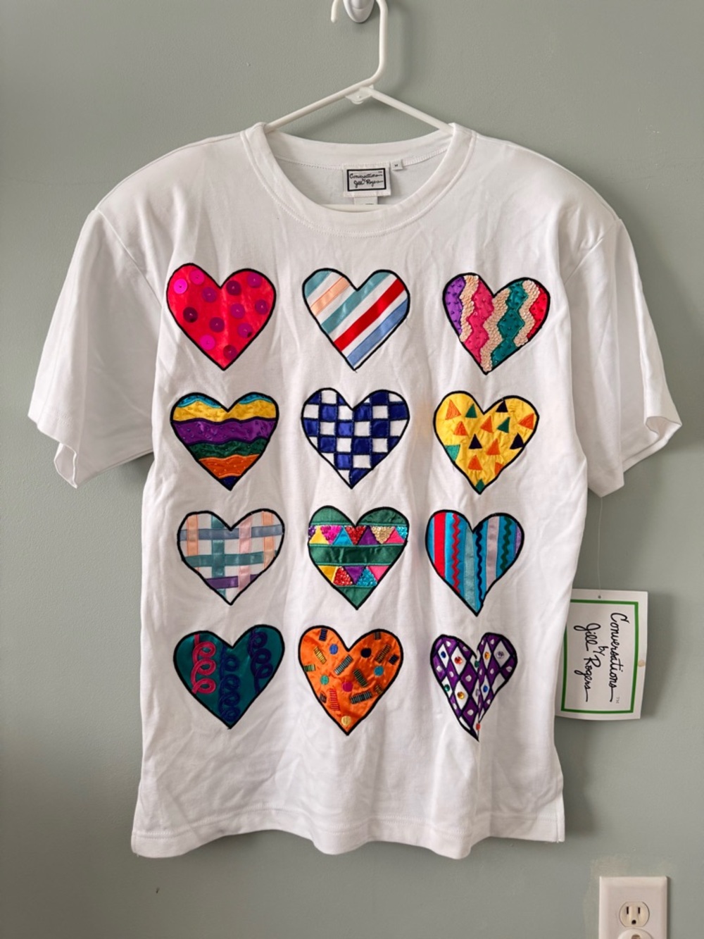 NWT Jill Rogers VTG 80s Shirt Sz M Grandmacore Art To Wear Patch Heart Whimsical